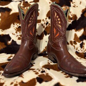 ACME vintage floral inlay brown cowboy boots women's size 7.5 C